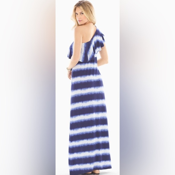 Soma Soft Jersey One Shoulder Ruffle Tie Dyed Stripe Navy Maxi Dress,size medium - Picture 9 of 9